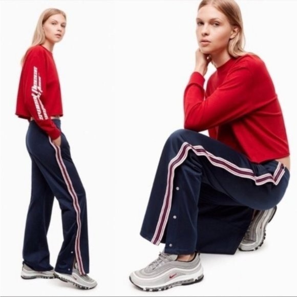 Aritzia Pants - Aritzia TNA Salish Tearaway track Pants snap sides Size small  Navy Blue